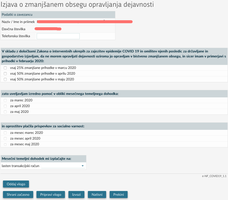 Izjava za pomoč samozaposlenim že na voljo v eDavkih